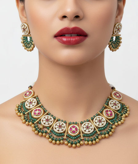 Jewel City Stunning Handcrafted Green And Pink Gold-Plated Choker Necklace Set