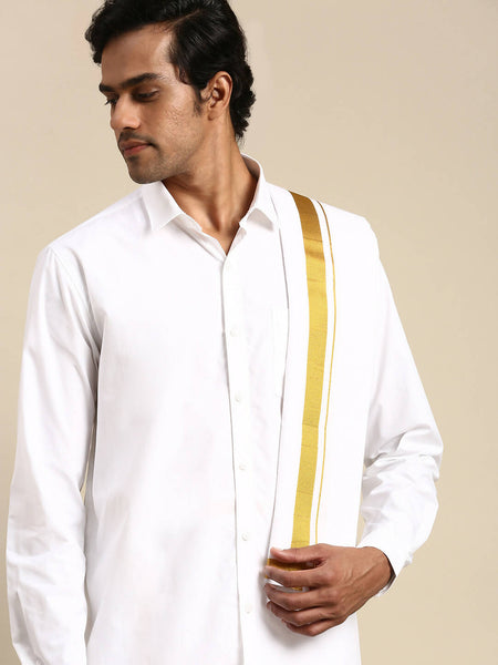 Ramraj Cotton Mens Wedding White Regular Dhoti, Shirt & Towel Set Subhakalyan 1"
