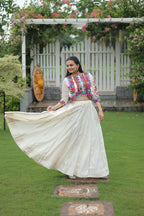 Teeya Creation White Colour Roman Silk With Gamathi Work Navratri Lehenga Choli