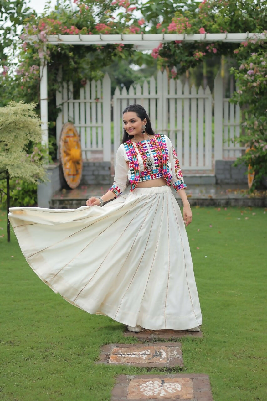 Teeya Creation White Colour Roman Silk With Gamathi Work Navratri Lehenga Choli