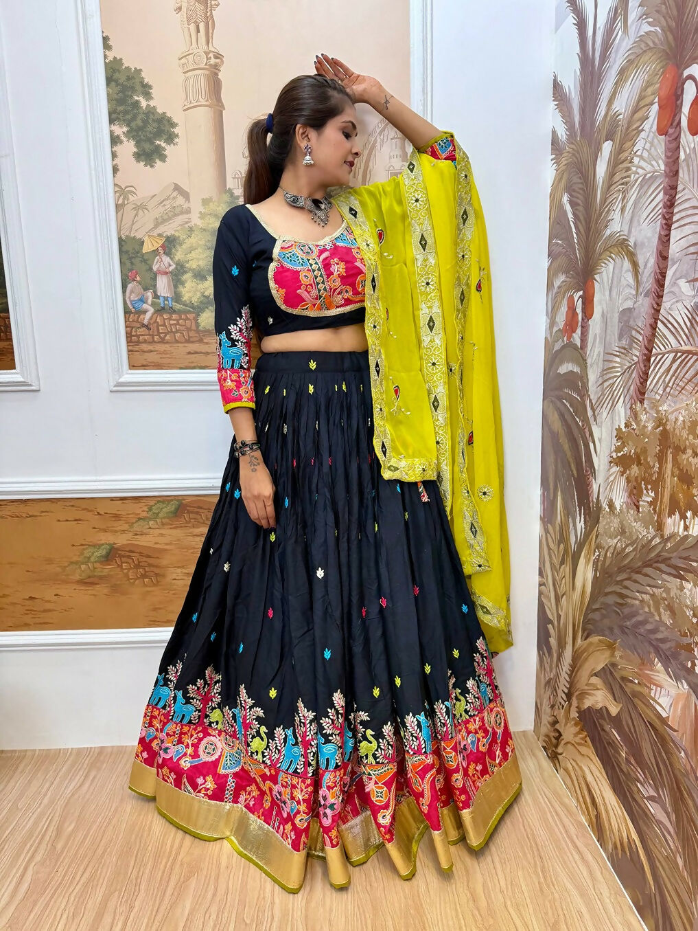 Teeya Creation Dark Blue Colour Rayon Silk Embroidery Work Fully Stitched Navratri Lehenga