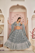 Eilara Mesmerizing Grey Butterfly Net White Cotton Thread Zari Sandwich Sequence Work Lehenga Choli For Wedding