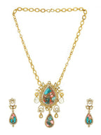 Kundan Antique Finish Floral Earrings and Necklace set - Ruby Raang