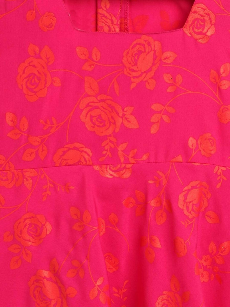 Ahalyaa Pink Crepe Floral Printed Kids Kurta with Jacket For Girls