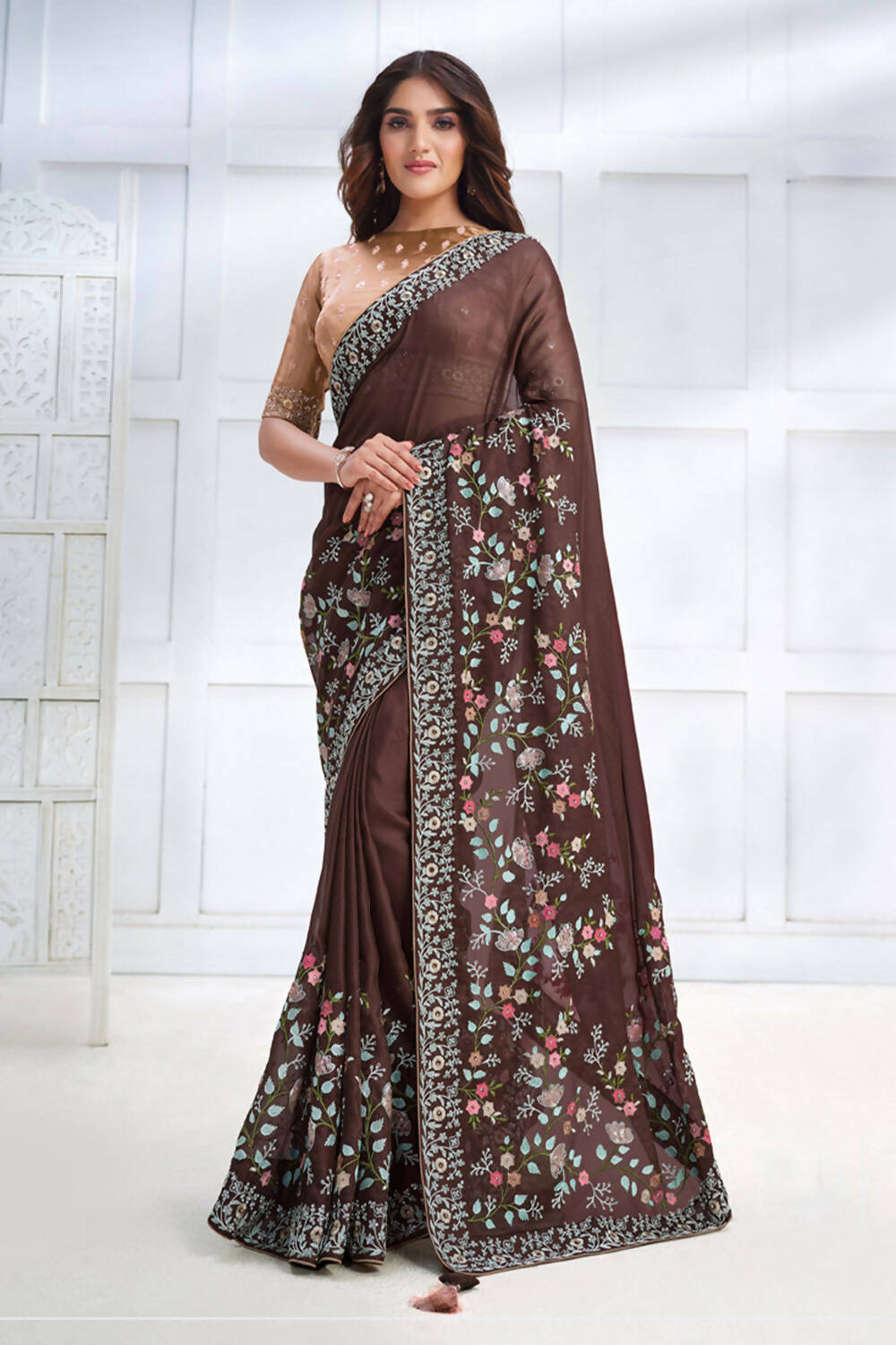 Brown Two Tone Georgette Silk Sequence Embroidered with Stone work Saree - Mohmanthan Majestica