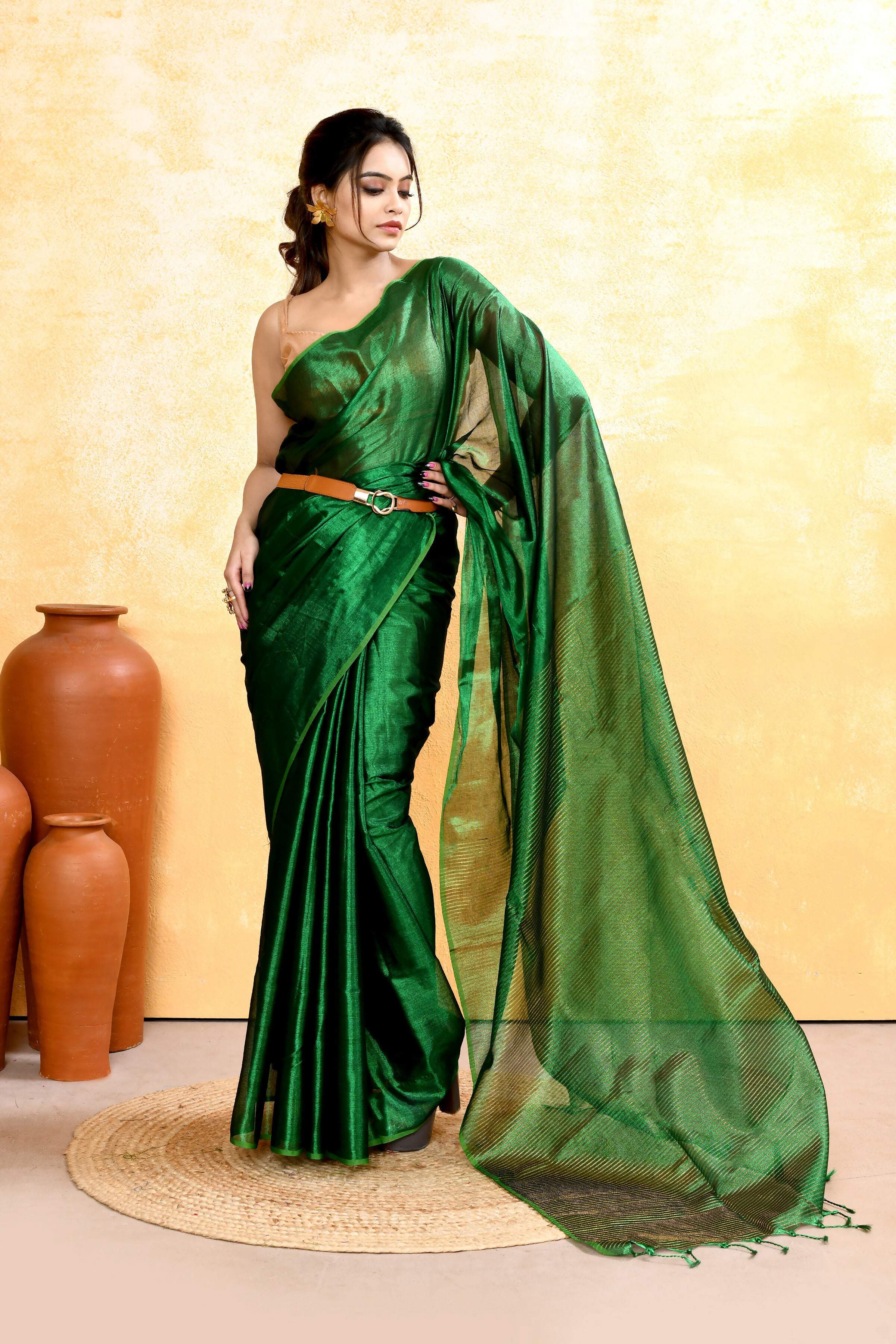 Piyari Fashion Women's Green Dual Tone Organic Tissue Saree With Blouse Piece - Distacart