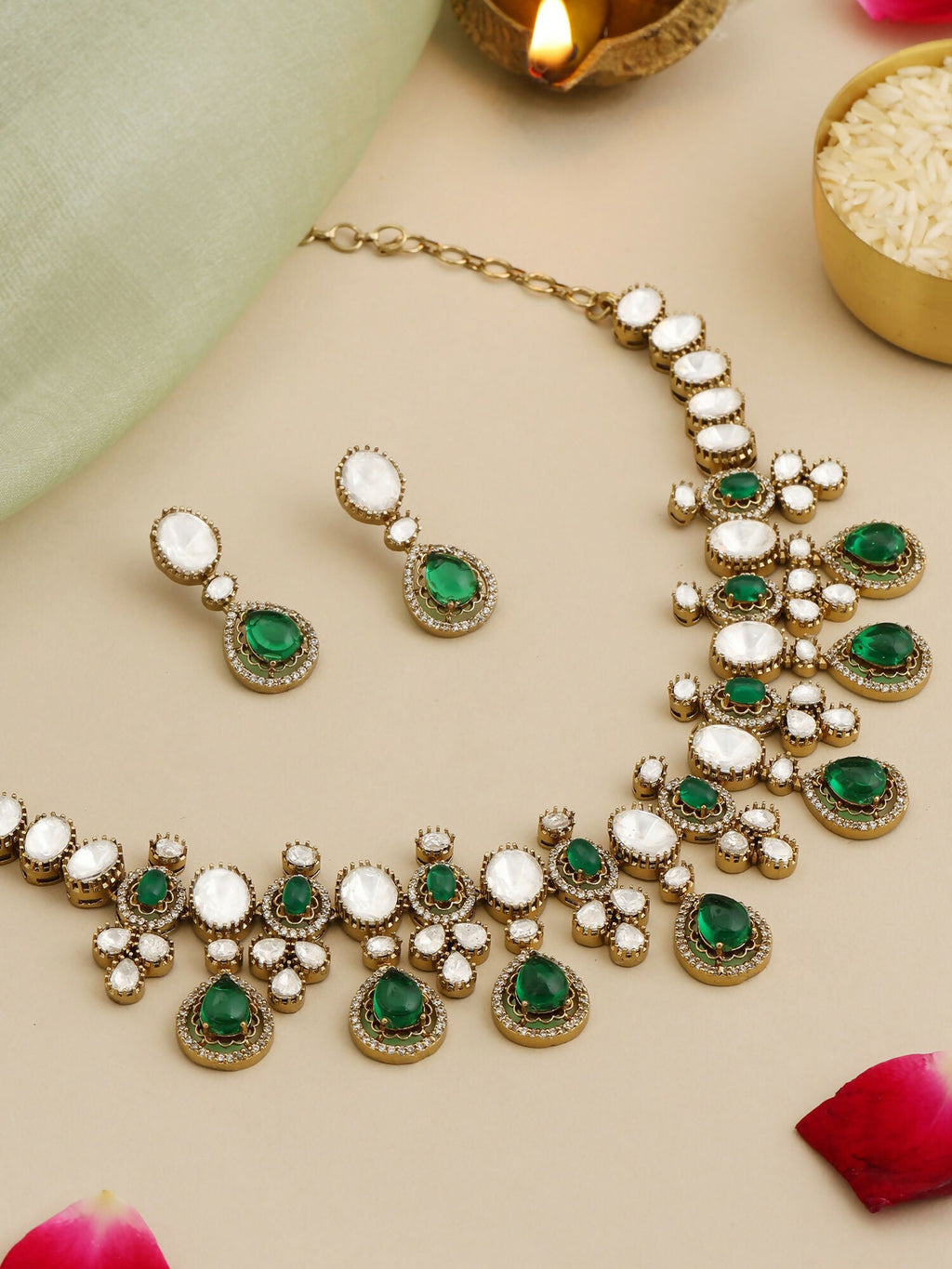 Ruby Raang Green Stone Kundan Work Necklace And Matching Earrings