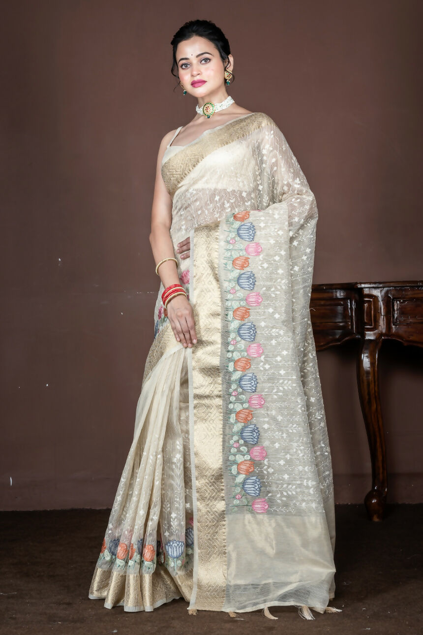 Morchari Beige Banarasi Tissue Computer Embroidery Saree Unstitched Blouse - Distacart