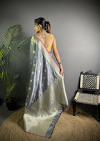 Joban Fashion Dark Grey Banarasi Soft Lichi Silk Paisley Saree - Distacart