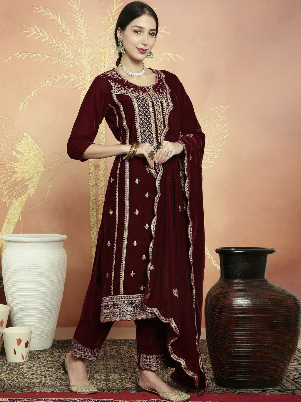 Jyoti Fashion Women's Maroon Velvet Cording with Resham Thread & Sequin Kurta with Trouser & Dupatta