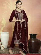 Jyoti Fashion Women's Maroon Velvet Cording with Resham Thread & Sequin Kurta with Trouser & Dupatta
