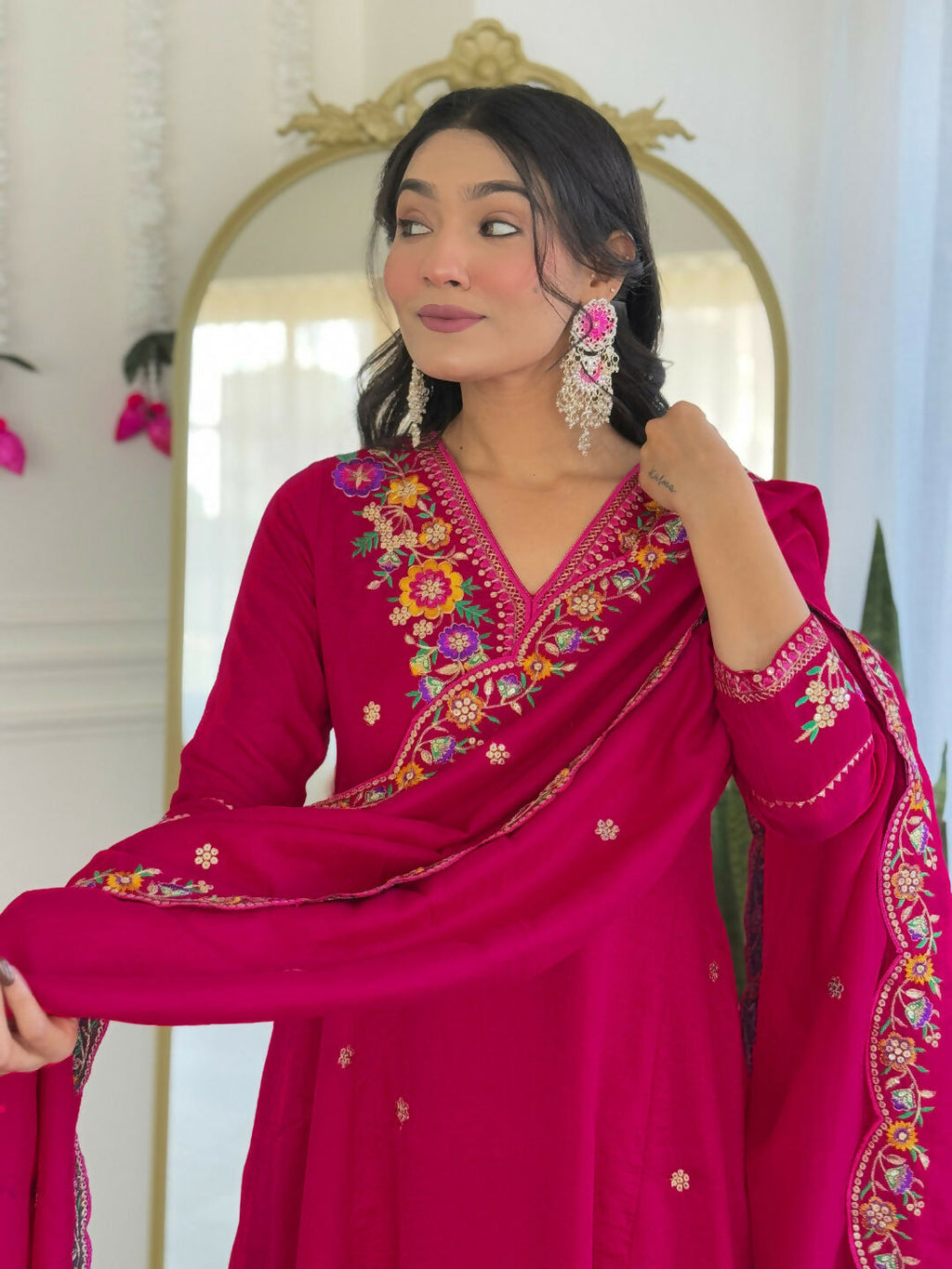 The52 Rani Women's Beautiful Embroidered Work Vichitra Silk Fabric Straight Kurta Pant and Dupatta Set - Distacart