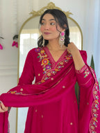 The52 Rani Women's Beautiful Embroidered Work Vichitra Silk Fabric Straight Kurta Pant and Dupatta Set - Distacart