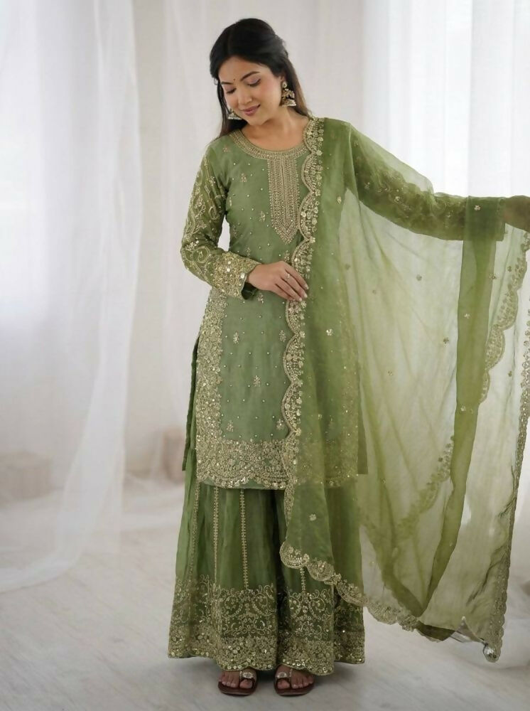 Teeya Creation Parrot Green Color Fendy Silk Embroidery Work Wedding Wear Salwar Suit - Distacart