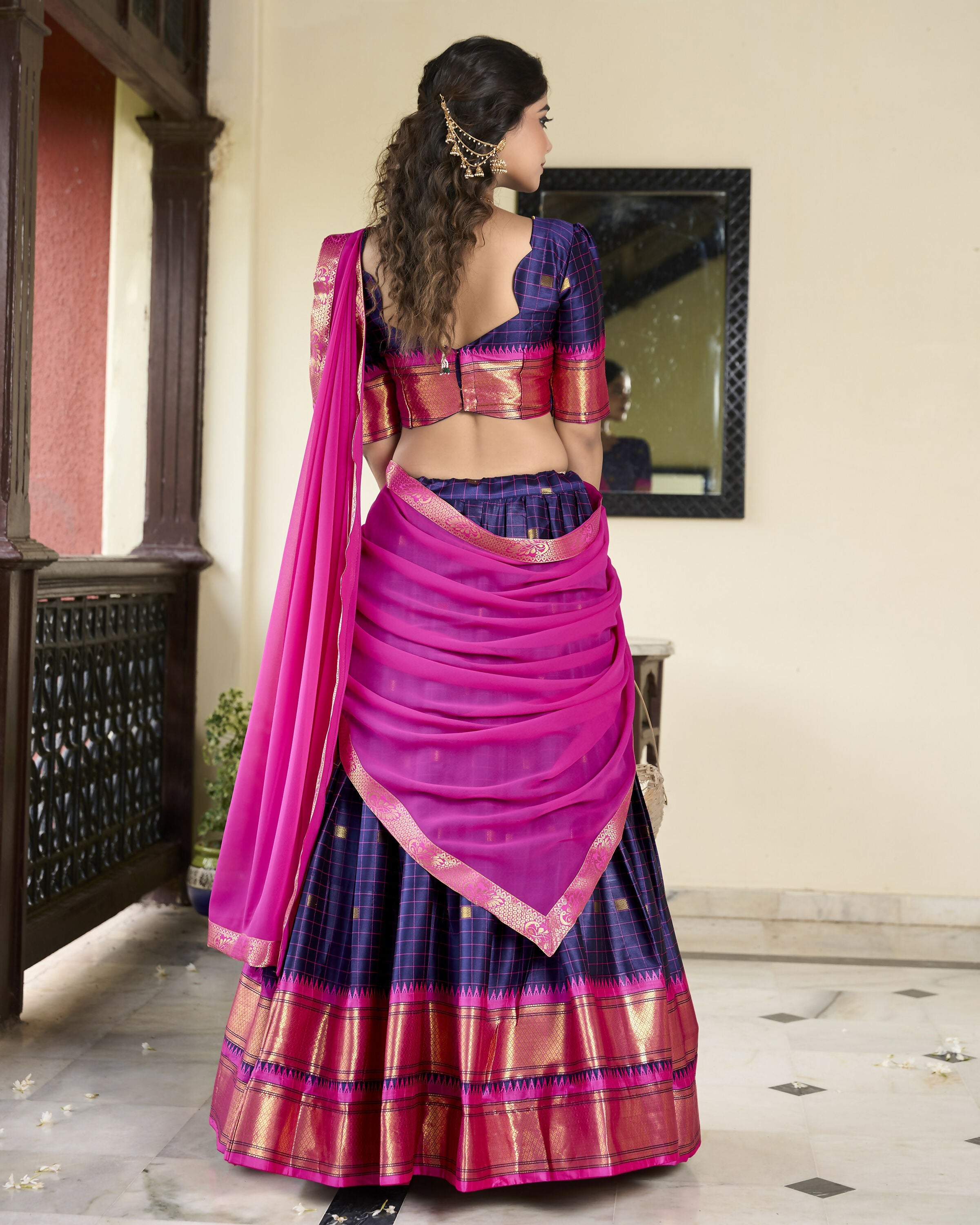 Lorenvalley Navyblue Cotton Silk Weaving Work With Paithani Concept Lehenga Choli