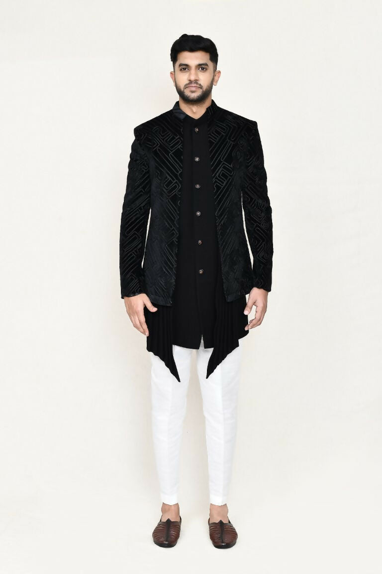 Joban Fashion Black Colored Velvet Based With Full Embroidered Fabric Open Jacket, Indo Western With Pant
