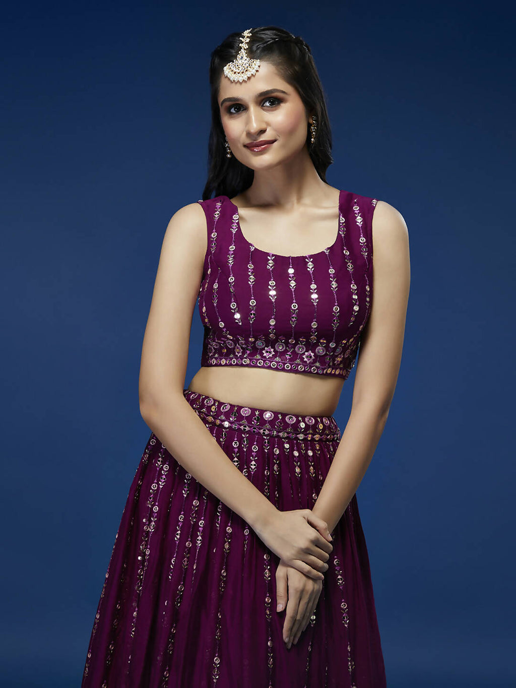 House of Panchhi Women Burgundy Pure Georgette Sequinse Embroidered Lehenga & Blouse, Dupatta