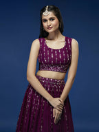 House of Panchhi Women Burgundy Pure Georgette Sequinse Embroidered Lehenga & Blouse, Dupatta
