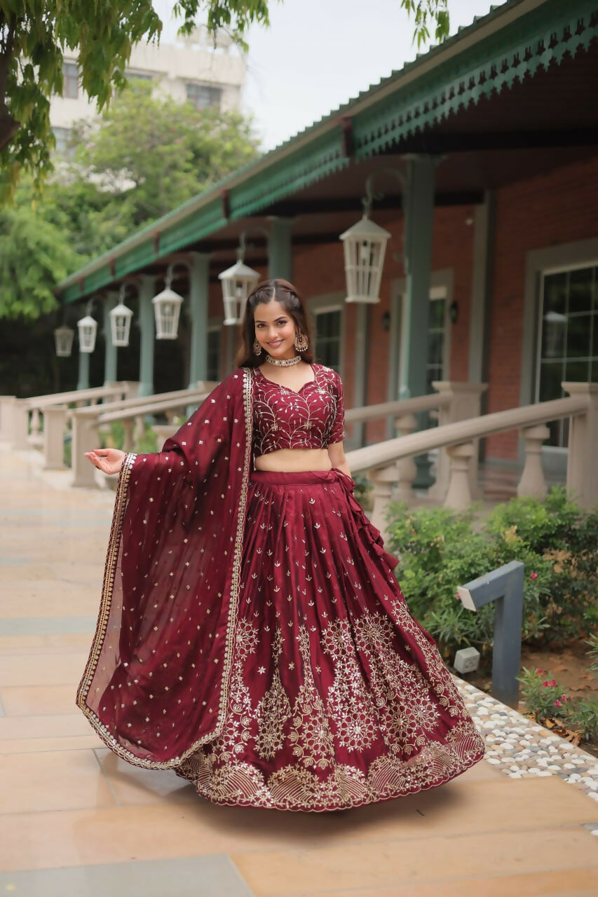 Vastranavya Designer Heavy Sequins & Thread Embroidered work Lehenga Choli - Maroon