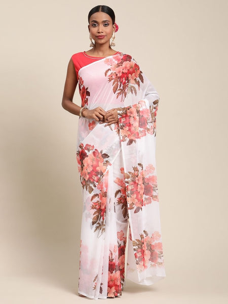 Ahalyaa Women's White Chiffon Floral Digital Print Saree