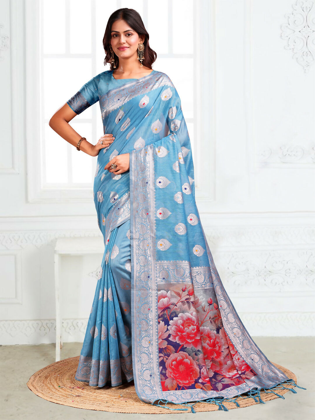 Shree Shyam Fashion Linen Cotton Sky Blue Saree - Distacart