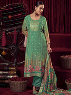 Jyoti Fashion Women's Green Organza Jacquard Woven Kurta with Trouser & Dupatta