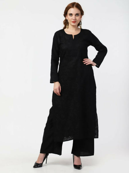 Cheera Women Stylish Hand Chikenkari Cotton Kurta With Palazzo - Black
