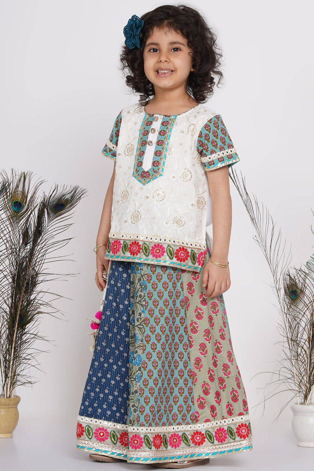 Little Bansi Girls Cotton Embroidery Kurta With Lehenga & Tussel - White & Multicolor