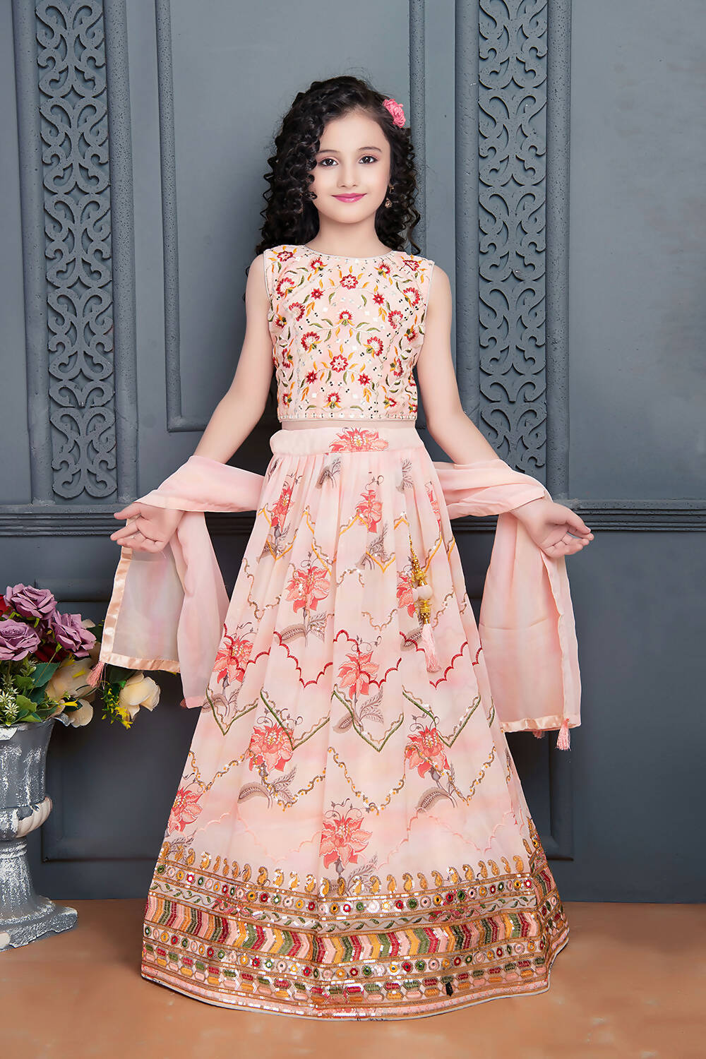 Kids Wedding Designer Peach Heavy Georgette Lehenga Choli - Aaradhna