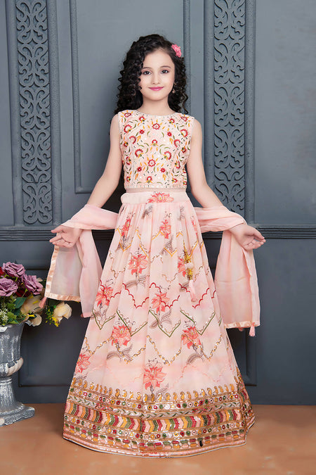 Kids Wedding Designer Peach Heavy Georgette Lehenga Choli - Aaradhna