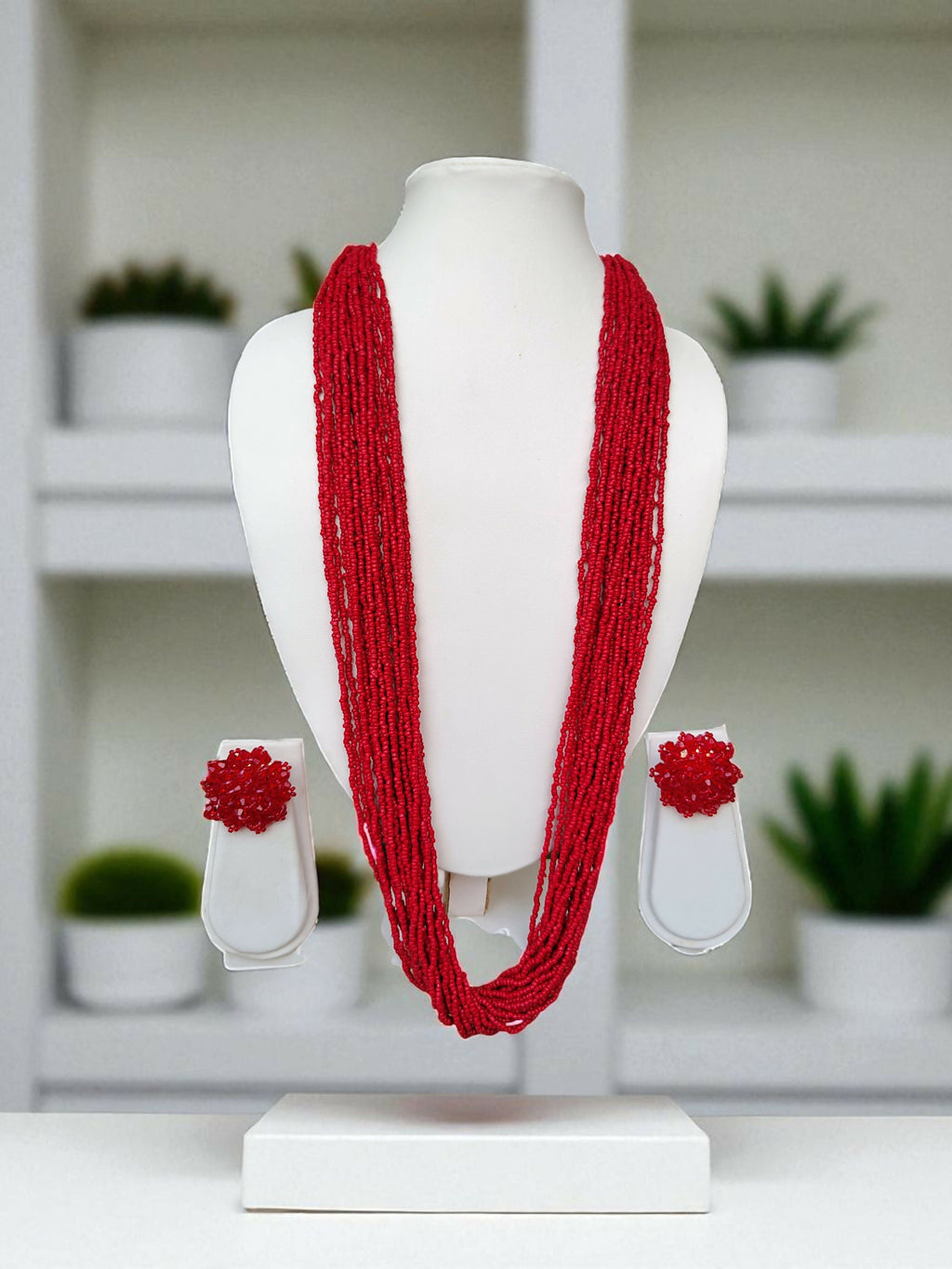 Inhanns Rangsaaz 20-Layer Luxe Long Beaded Necklace (With Optional Statement Earrings) - Red With Earring