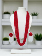 Inhanns Rangsaaz 20-Layer Luxe Long Beaded Necklace (With Optional Statement Earrings) - Red With Earring