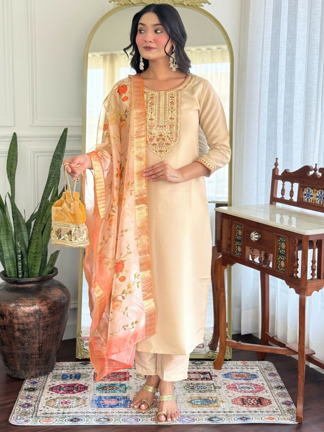 The52 Chiku Women's Beautiful Rayon Fabric Embroidered Work Straight Kurta Pant and Dupatta Set - Distacart