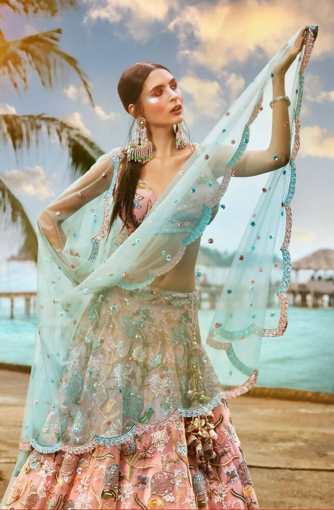 House of Panchhi Pink Net Sequins And Zarkan Embroidery Lehenga Choli & Dupatta