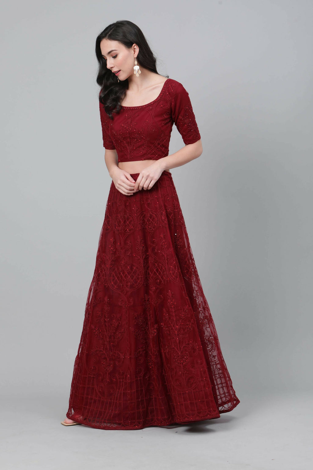 Maroon Net Thread embroidery with stone work Lehenga Choli with Dupatta - Jivika