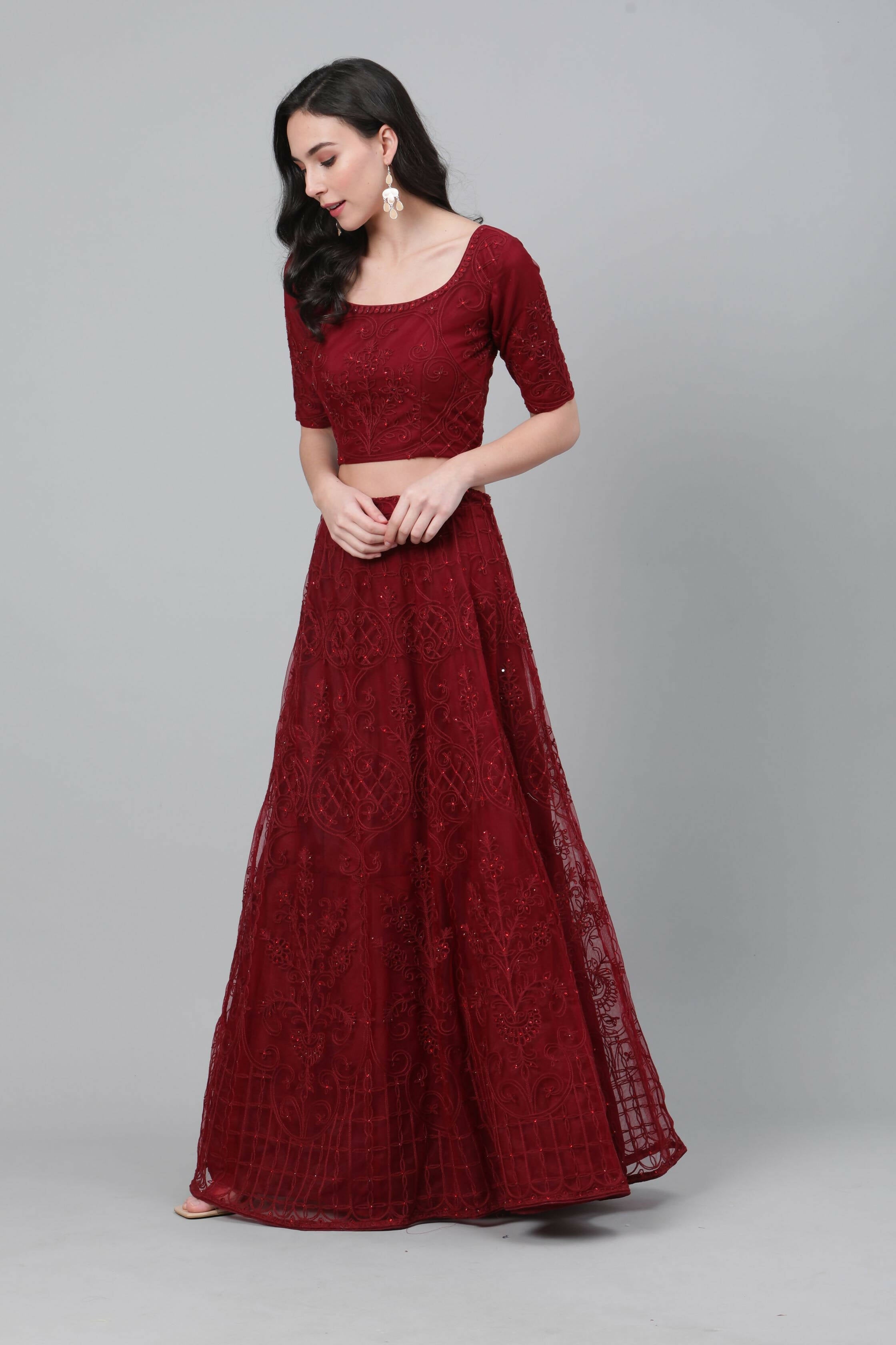 Maroon Net Thread embroidery with stone work Lehenga Choli with Dupatta - Jivika