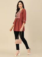 Brown Poly Rayon Floral Embroidered Top - Zeny