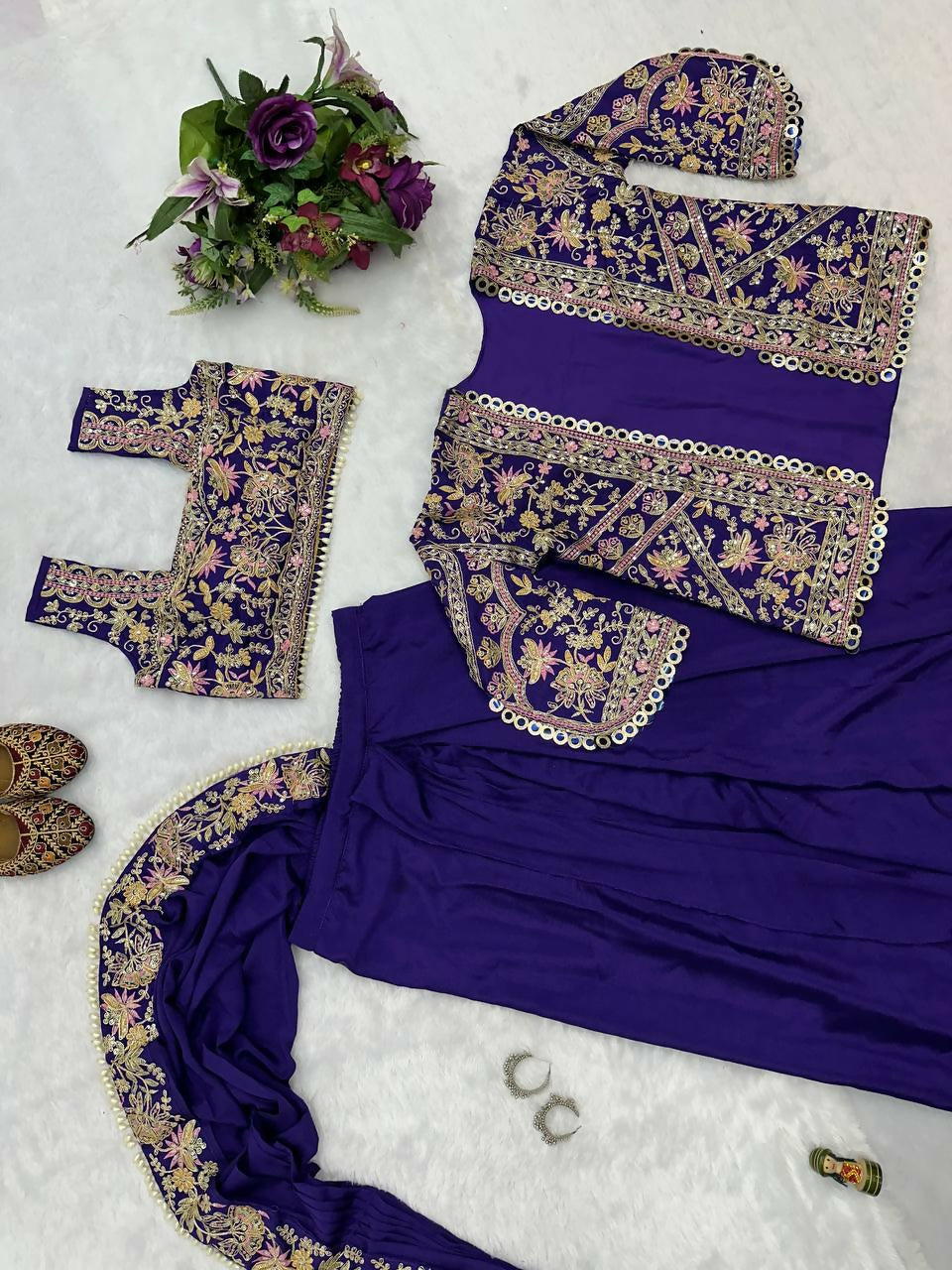 Teeya Creation Purple Color Chinon Silk Embroidery Work Ready To Wear Party Wear Saree With Koti - Distacart