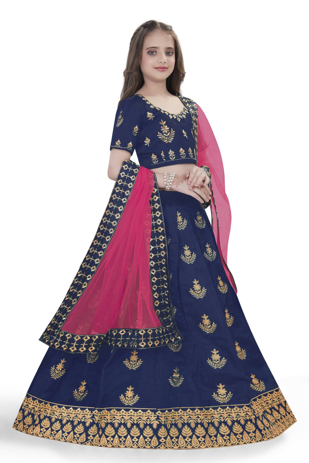 Dwiden Navy Blue Kamal Tafetta Sattin Semi-Stitched Girl's Lehenga Cholin Kamal Tafetta Sattin Semi-Stitched Girl's Lehenga Choli