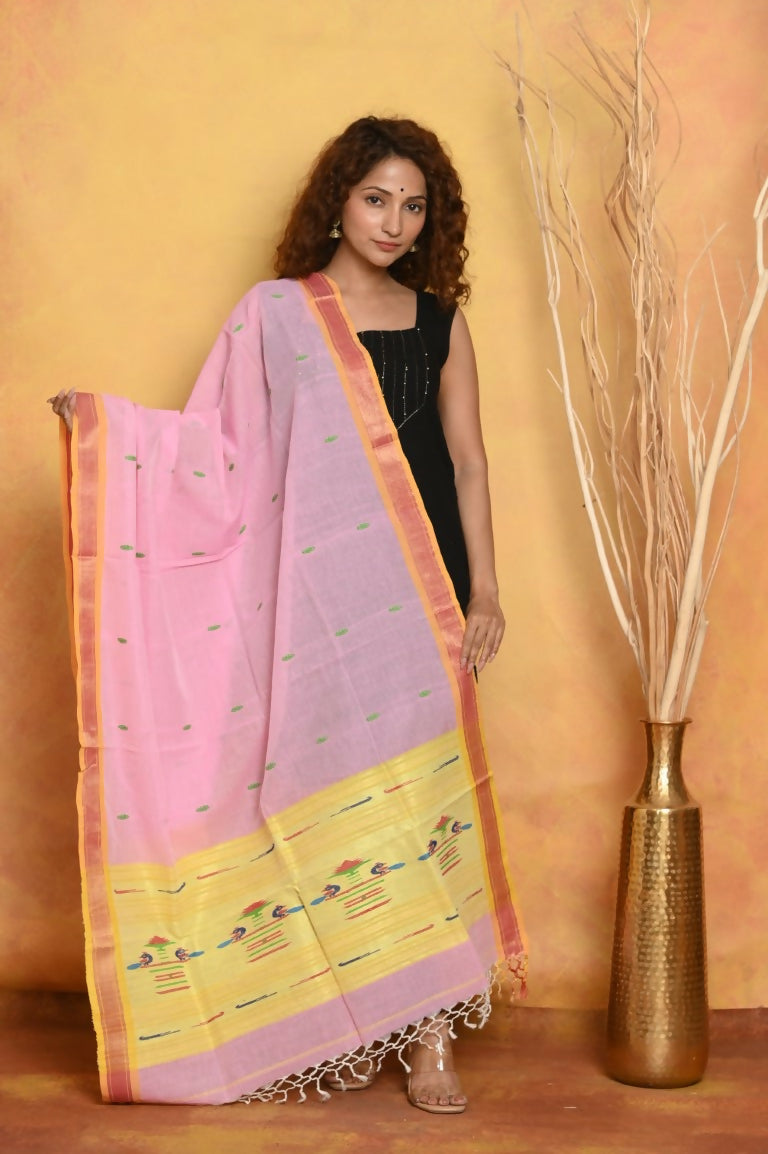 Very Much Indian Handloom Pure Cotton Paithani Dupatta Pink