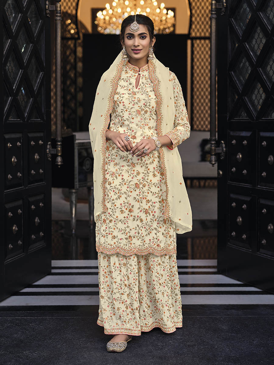 Myra Off White Chinon with Georgette Embroidered Palazzo Suit