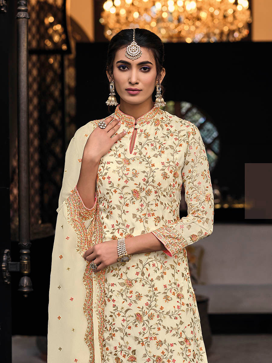 Myra Off White Chinon with Georgette Embroidered Palazzo Suit