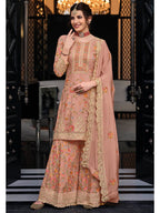 Myra Dusty Peach Chinon with Georgette Embroidered Palazzo Suit