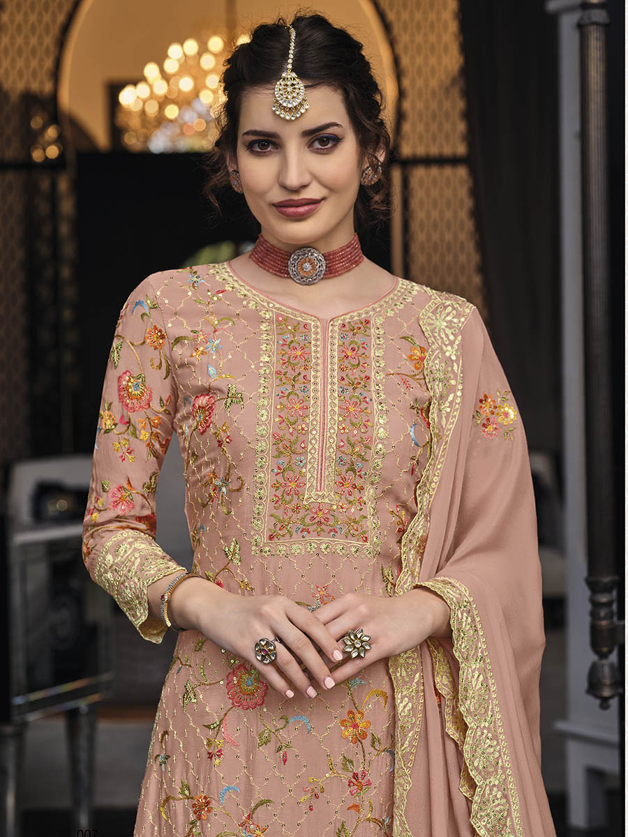 Myra Dusty Peach Chinon with Georgette Embroidered Palazzo Suit