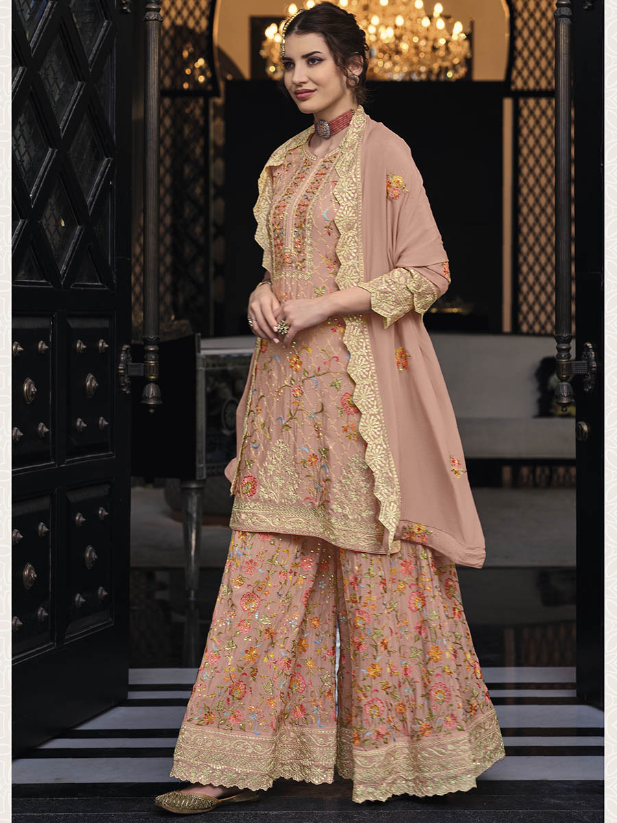 Myra Dusty Peach Chinon with Georgette Embroidered Palazzo Suit