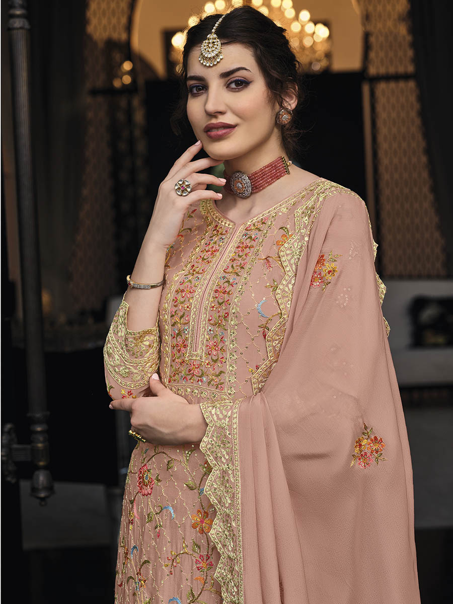 Myra Dusty Peach Chinon with Georgette Embroidered Palazzo Suit