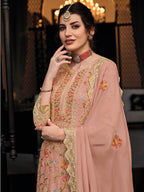 Myra Dusty Peach Chinon with Georgette Embroidered Palazzo Suit