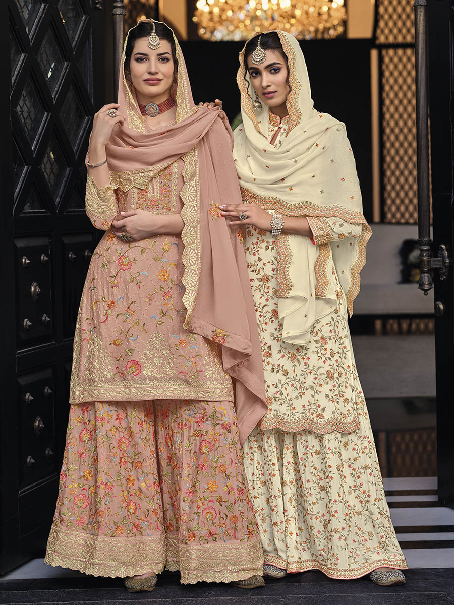 Myra Dusty Peach Chinon with Georgette Embroidered Palazzo Suit
