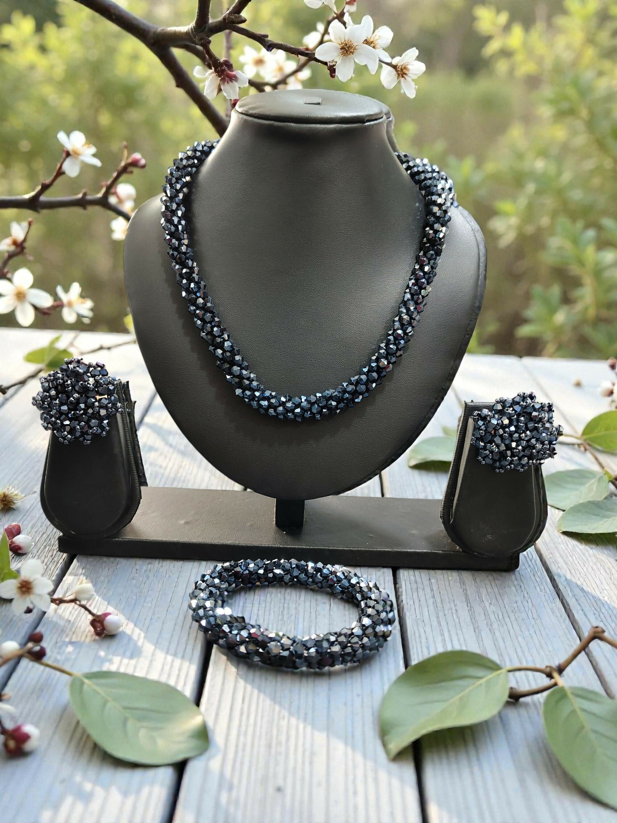 Inhanns Complete Look Crystal Statement 3-Piece Set (Adjustable Necklace + Earrings + Adjustable Bangle ) - Navy Blue