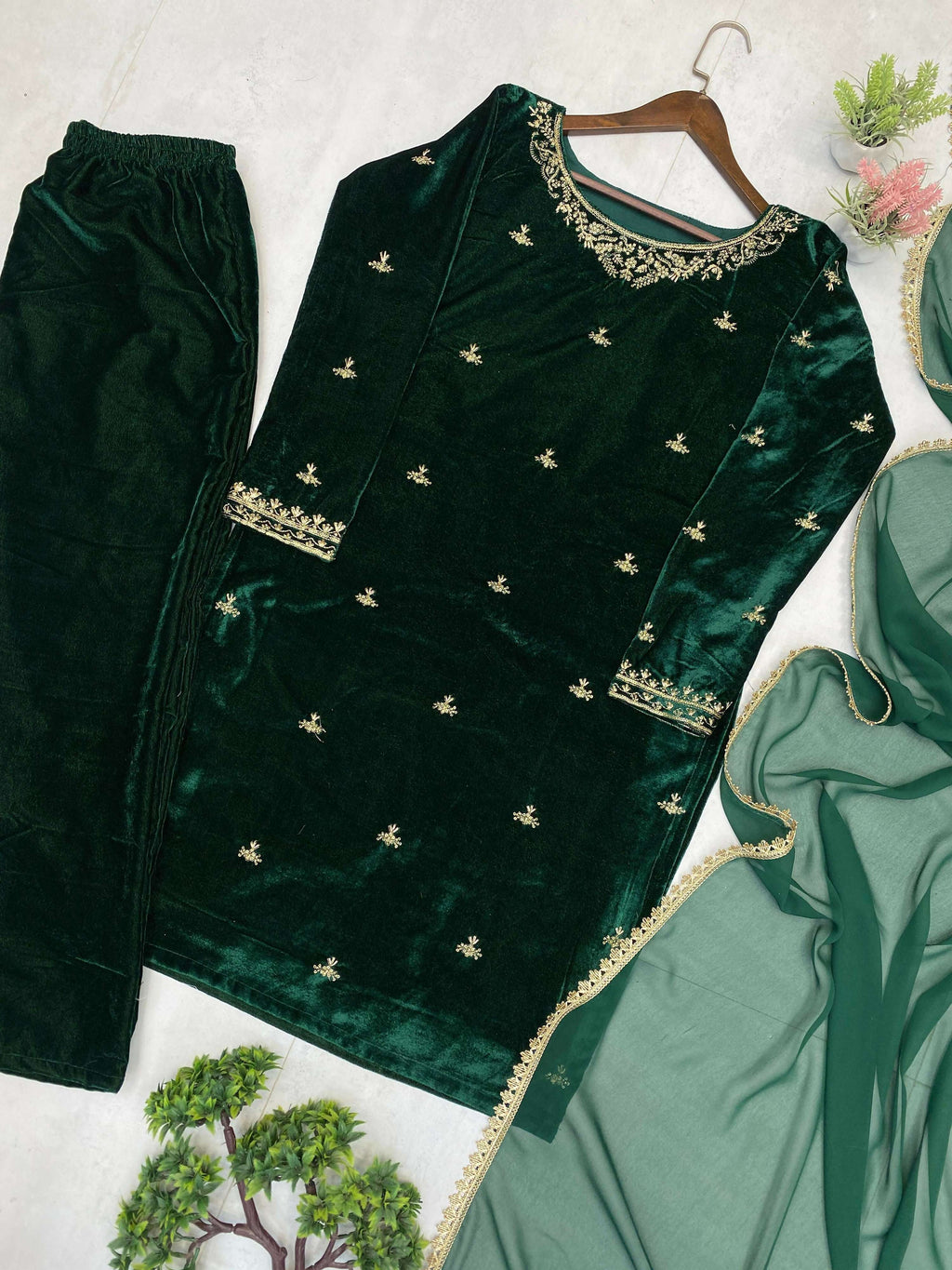 Vastranavya Green Velvet Sequence Embroidery Work Kurta & Bottom With Dupatta - Distacart
